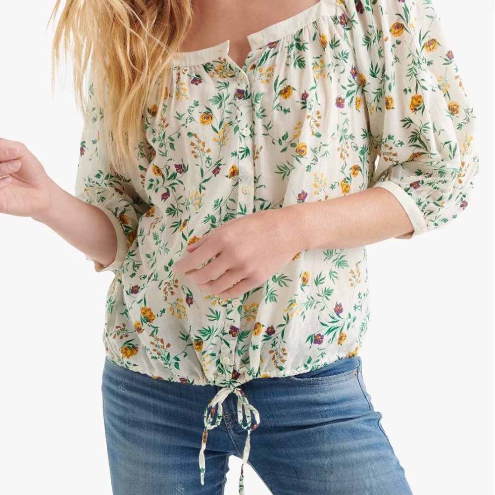 Lucky Brand Cotton Floral-Print Drawstring-Hem Blouse | Size S